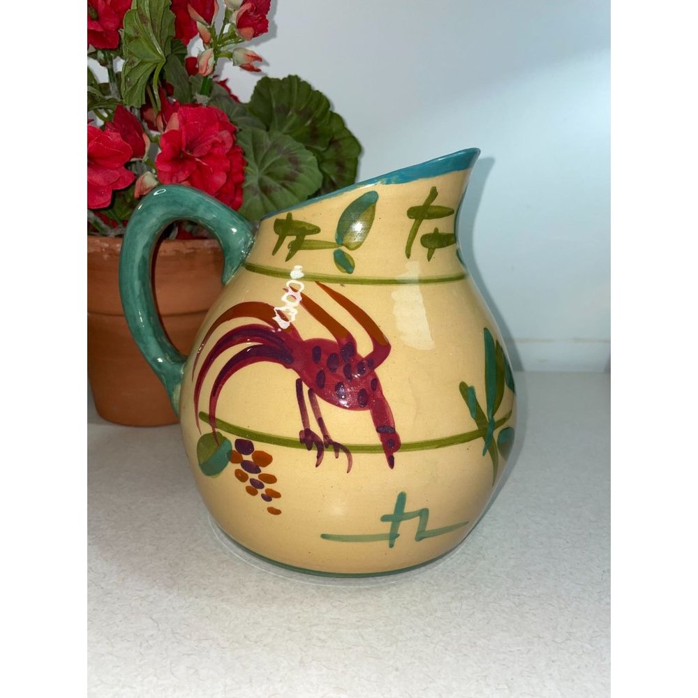 Vintage Hand Painted Folk Art Pottery Pitcher Rooster Chicken Bavaria